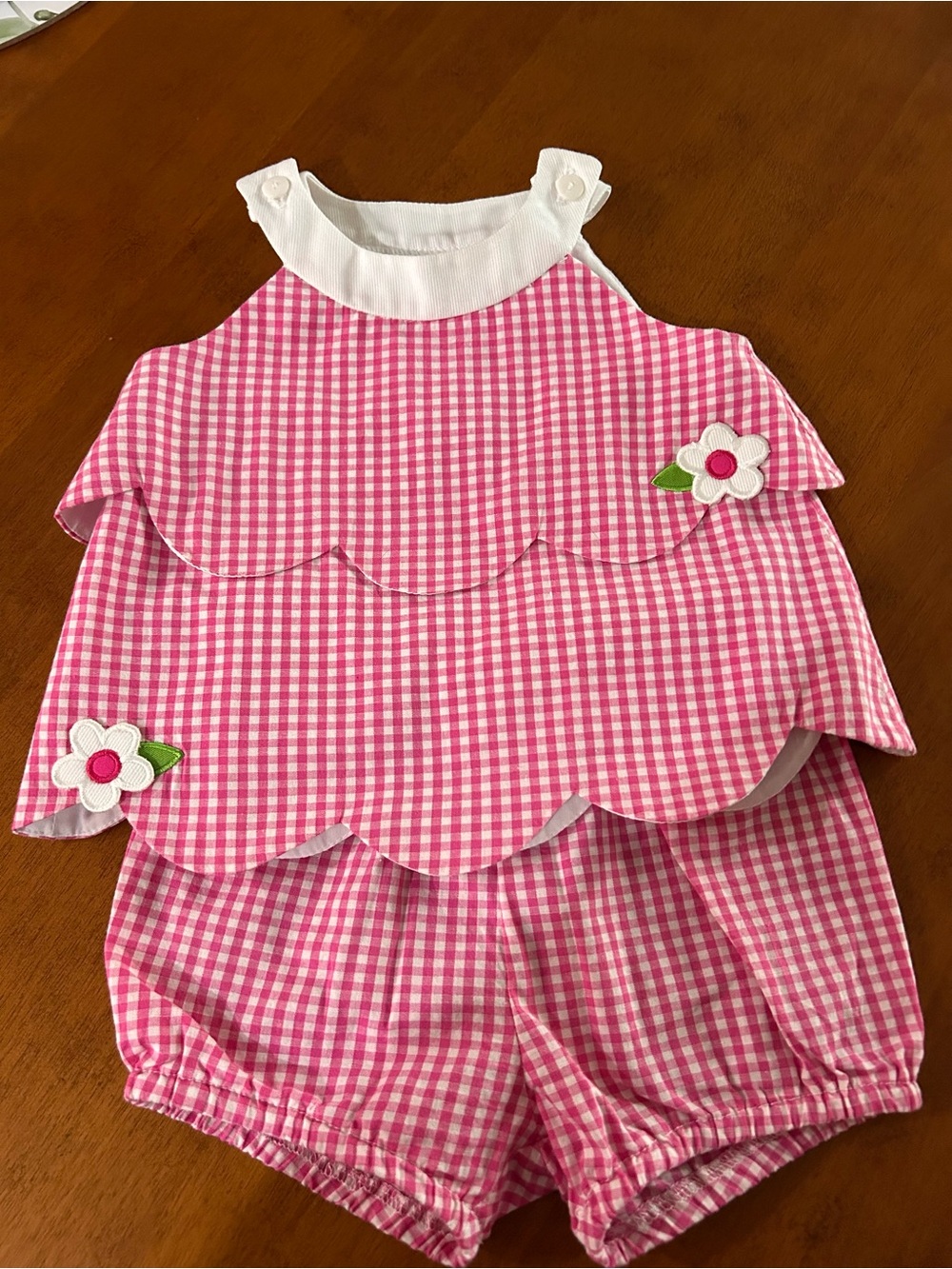 Florence Eiseman Pink Gingham Scallop Romper with Flower Appliqués